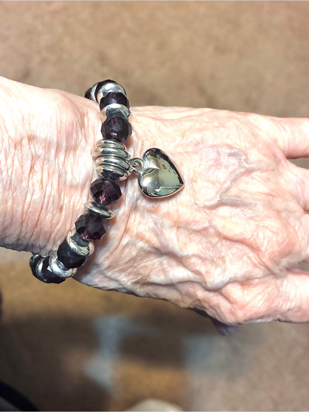 Heart Charm Stretch Bracelet with Deep Purple Beads - Women's Jewelry